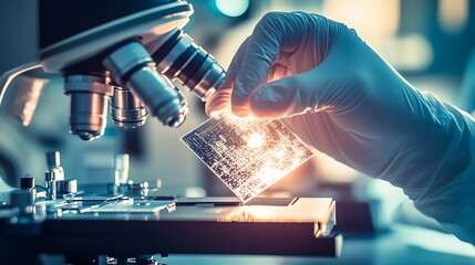 Close-up of a laboratory hand holding a transparent slide with sparkling particles under microscope in a sophisticated scientific environment
