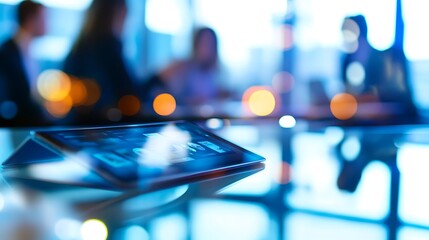 A close-up of a tablet with business analytics displayed, set on a reflective glass table in a modern office environment, blurred colleagues in the background