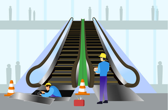 Technicians working on a broken-down moving staircase, Escalator maintenance in progress with workers and safety cones, 