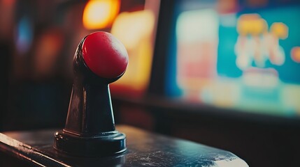 Close-up of a vintage arcade joystick with a red ball top in a dimly lit gaming environment with colorful screens in the background, evoking nostalgia and excitement