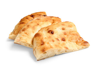 Pieces of tasty lavash on white background