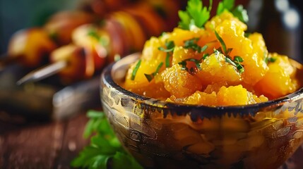 Sweet spicy peach chutney dip in a rustic bowl golden and textured served with grilled chicken skewers