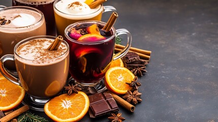 Festive hot drinks variety selection of winter beverages including hot chocolate mulled wine and spiced tea decorated with cinnamon sticks and orange slices