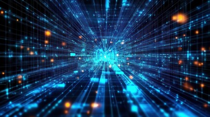 Fototapeta premium Futuristic Digital Matrix Cyberpunk Style Neon Blue Lights High Contrast Abstract Technology