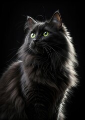 Fototapeta premium Black fluffy cat with green eyes on black background, close-up portrait.