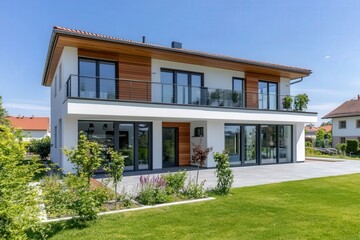 Modern family home featuring a sleek design with glass windows, wooden cladding, white walls, and a grey tile roof, set against a clear blue sky. Ultra-realistic photo.