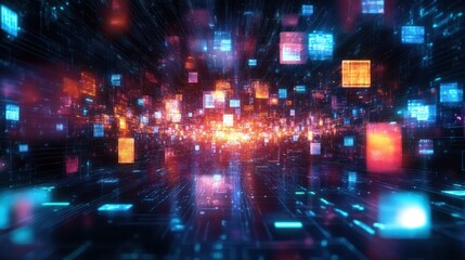 Futuristic Digital Network Cyberpunk Art Vibrant Neon Colors Depth Immersion