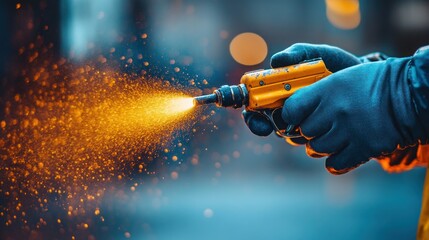 Close-up of a worker using a handheld thermal cutting tool, producing sparks