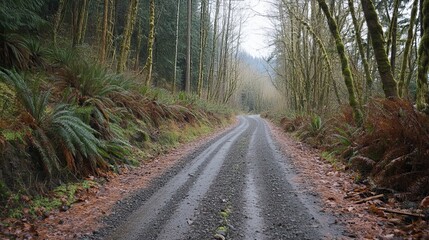 Fototapeta premium A gravel road winding through a lush forest with ferns and moss covered trees on either side of the path