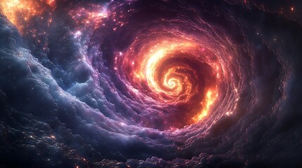 Fototapeta premium An enormous fractal vortex spiraling into an unknown dimension, radiating shimmering hues of ultraviolet and crimson. Light bends in mesmerizing ways as energy pulses through the swirling patterns.