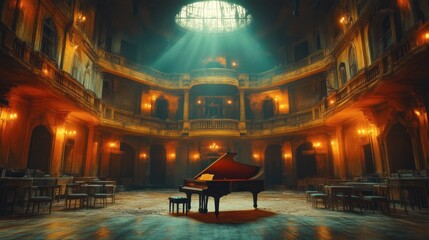 Obraz premium Grand Piano in an Elegant Hall with Warm Lighting and Sunlight Beams