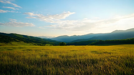 Fototapeta premium Golden Meadow With Mountains Under A Light Sky