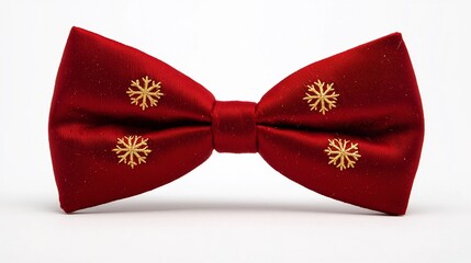 Festive red bowtie subtle golden snowflake embroidery displayed against a crisp white background