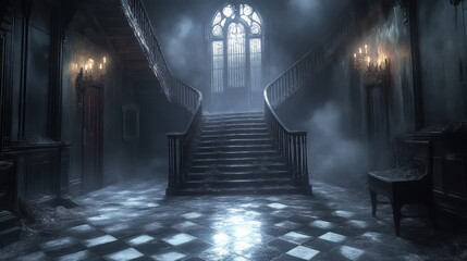 Fototapeta premium Gothic Mansion Interior with Dramatic Lighting and Staircase