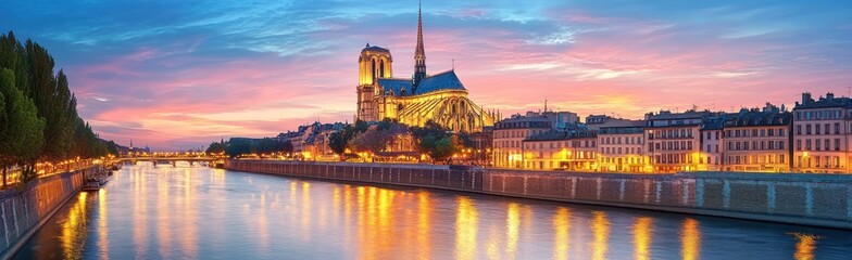 Obraz premium Historic Cathedral by the River at Sunset