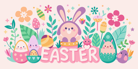 A delightful easter scene with bunnies eggs and flowers in a pastel color palette design style