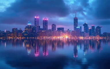 Fototapeta premium Detroit Skyline Night View from Windsor Ontario Modern Cityscape with Reflections in Water