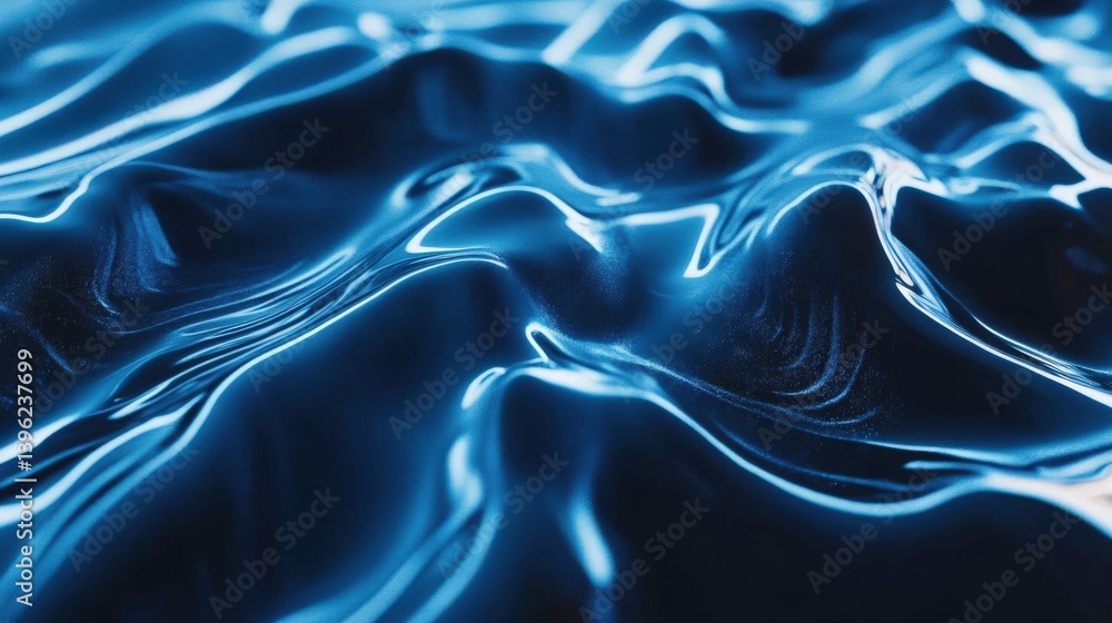 Poster 3d rendering of blue water waves with ripples, showcasing light reflection and refraction effects. c