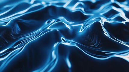Obraz premium 3D rendering of blue water waves with ripples, showcasing light reflection and refraction effects. Close-up view of flowing liquid creates an abstract, serene background.
