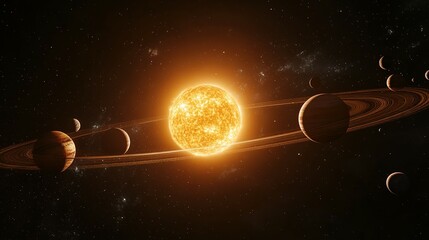 A vibrant illustration of a star system with multiple planets and rings.