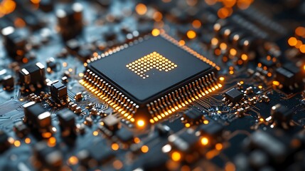 Close-up view of a customized microprocessor with illuminated edges, surrounded by intricate circuitry and glowing elements, showcasing technology and innovation