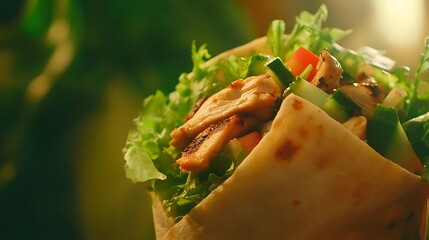 Close-up of a delicious wrap filled with grilled chicken, fresh greens, and colorful vegetables, highlighting vibrant textures and flavors