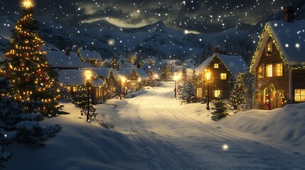 Fototapeta premium Festive Snowy Village charming winter town covered in fresh snow glowing streetlights decorated Christmas trees warm cottage lights and joyful holiday atmosphere