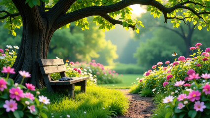 Naklejka premium A bench in a flower garden