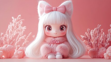 Pink doll sits amongst coral in studio