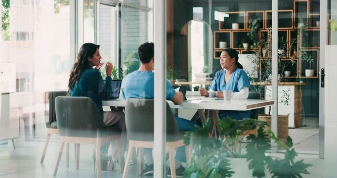 People, doctors and meeting with discussion, healthcare and conversation for hospital schedule. Employees, medical and professional with feedback, help and tech for research with support for intern
