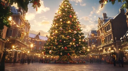 Obraz premium Festive town square a giant Christmas tree A stunning Christmas tree towering over a lively town square decorated with ornaments and glowing lights