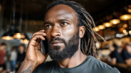 Man with dreadlocks talking on a smartphone in a busy café setting