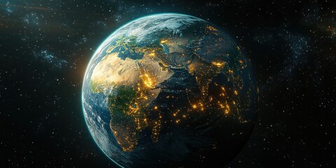 Obraz premium Cyberpunk Earth with Luminous Air Routes and Global Connectivity Represented over Africa and Madagascar