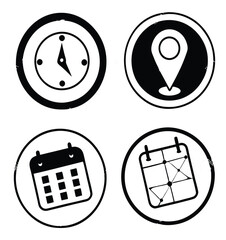 Black and White Flat Icon Set – Calendar, Clock, GPS Pin, Smartwatch, Wi-Fi Signal, Star Favorite, Alarm and Navigation Symbols for App UI and Web Design.
