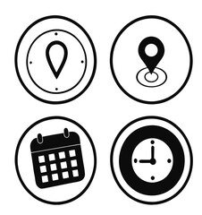 Black and White Flat Icon Set – Calendar, Clock, GPS Pin, Smartwatch, Wi-Fi Signal, Star Favorite, Alarm and Navigation Symbols for App UI and Web Design.