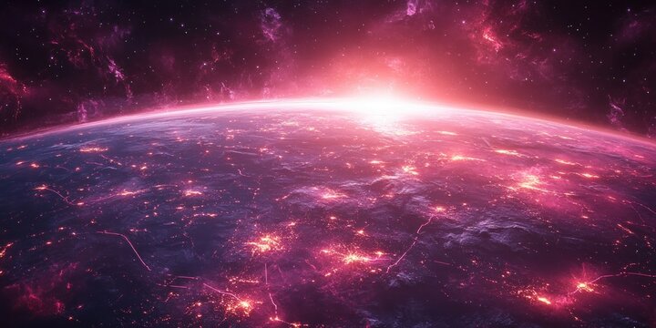 Earth in Space with Luminous Air Route Network and City Lights in Cyberpunk Style