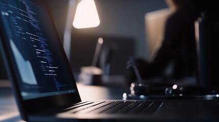 Close-up view of a laptop displaying code in a dimly lit room with an out-of-focus person working in the background, creating a focused tech atmosphere