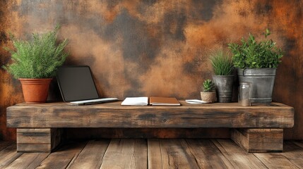 Naklejka premium Rustic Wooden Shelf with Potted Plants Laptop and Books Against a Textured Wall Background fo