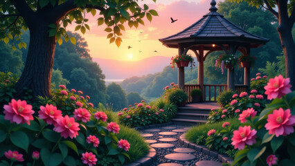 Obraz premium A gaze in the middle of a garden with pink flowers