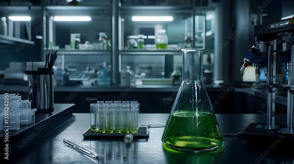 Poster laboratory experiment with flask and test tubes