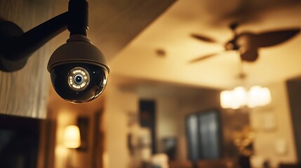 Close-up view of a security camera mounted on a wall, capturing a cozy indoor space with warm lighting and soft furnishings
