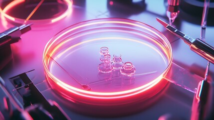 Close-up view of a petri dish illuminated with vibrant pink and purple lights, showcasing intricate scientific tools and a microscopic specimen, highlighting a modern laboratory atmosphere