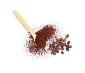 Wooden spoon with coffee powder and beans on white background