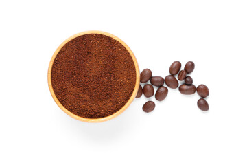 Bowl with coffee powder and beans on white background