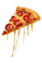 The image shows a slice of pepperoni pizza with melted cheese stretching as it's pulled, highlighting the golden crust and delicious, gooey cheese with pepperoni slices