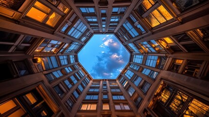 Hexagon-shaped glass elevator in a city center, viewed from below during blue hour. Transparent and steel frame creates a cinematic architectural perspective. Fisheye lens captures the sky above.