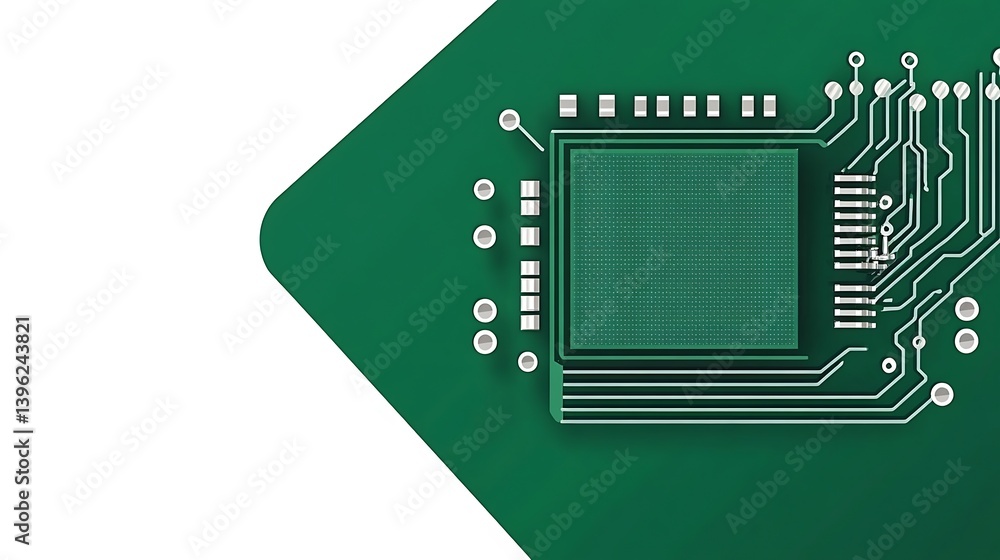 Poster microchip on green circuit board with intricate pathways and connections