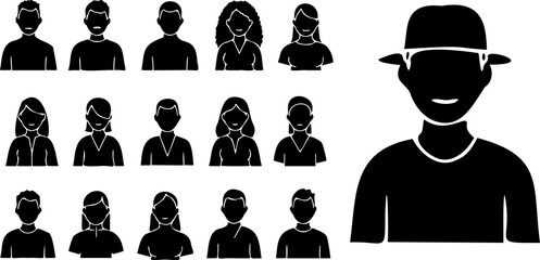 Black user people silhouette icons on white background. Minimalist avatar set for profiles, teams, social media, UI design, and presentations. Flat human figures in various simple poses and styles.