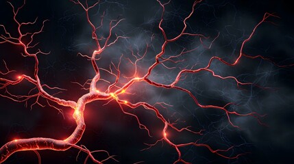 The image shows a stylized rendering of blood vessels or a similar branching network, glowing red with bright spots of light along the larger vessels, set against a dark background with faint blue li