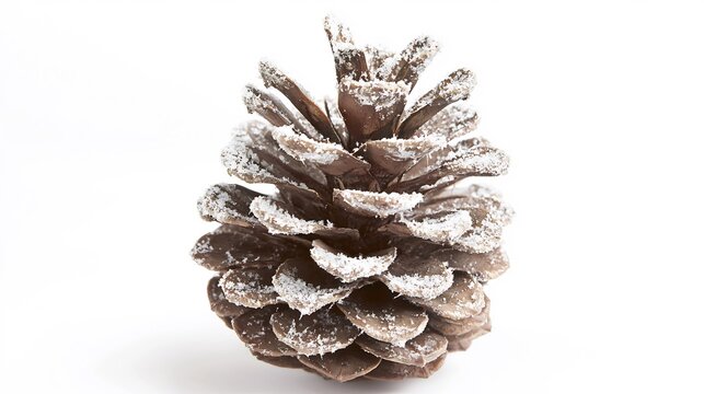 Frosted pinecone shimmering white snow dusting isolated on a white background for a winter touch
